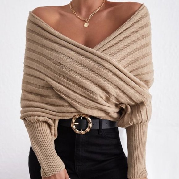 tan Off Shoulder Chunky Knit Wrap off shoulder Swe - Picture 2 of 4